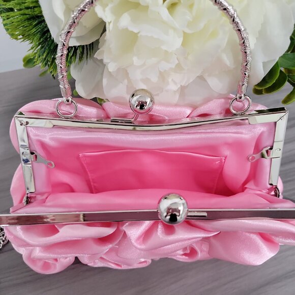 Prom / Wedding Pink Satin Roses Party Clutch Purse w/Rhinestone Handle & Chain - Picture 10 of 11